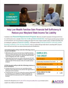 Flyer for ACDS Free Financial Empowerment Program, describing tax credits for Maryland donors. Includes program details, a sample $1,500 donation tax savings breakdown, contact info, and the ACDS logo.