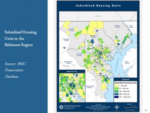Map of subsidized housing units in the Baltimore region, with areas shaded in colors representing different housing unit ranges. Includes a legend and inset map of Baltimore City for detail. Source: BMC Preservation Database.