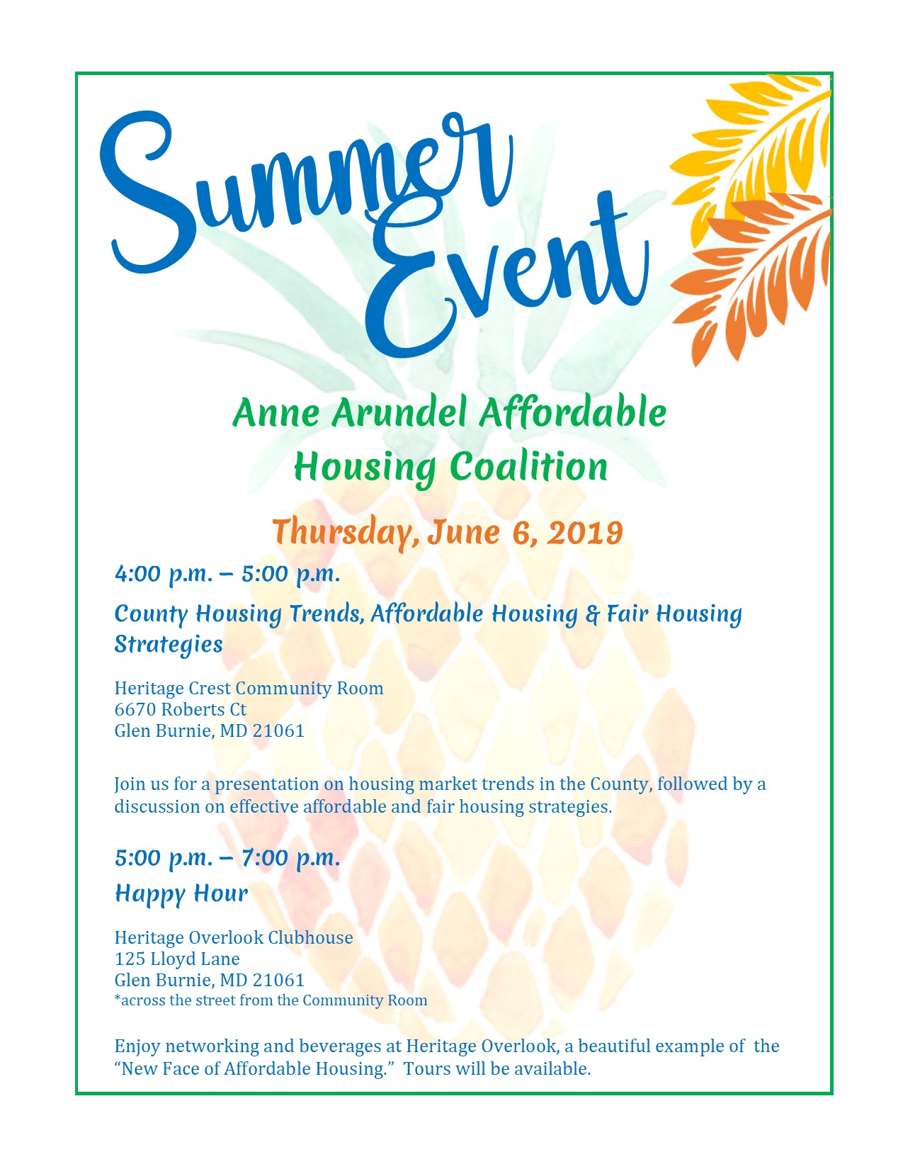 Flyer for the Anne Arundel Affordable Housing Coalition Summer Event on June 6, 2019, listing event times, locations, and details, with blue and orange text and a yellow pineapple illustration on a light background.