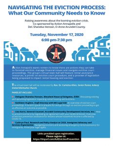 Flyer for a virtual event titled "Navigating the Eviction Process: What Our Community Needs to Know" on Nov 17, 2020, 6-7:30 pm. Includes speakers, topics, and a registration link. Co-sponsored by Action Annapolis.