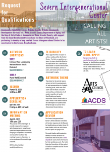 Colorful flyer inviting artists to submit qualifications for creating public art at the Severn Intergenerational Center in Maryland, listing key dates, budget details, eligibility, and sponsor logos.
