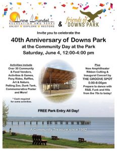 Announcing Downs Park’s 40th Anniversary event with free entry, activities, food, games, and a concert at the new amphitheater on June 4, 12–4 pm; includes images of the park and event details.