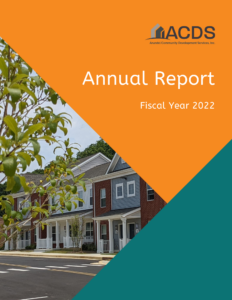 Cover of the ACDS Annual Report for Fiscal Year 2022, featuring the organization's logo and name, with a background image of suburban houses and a tree branch in the foreground.