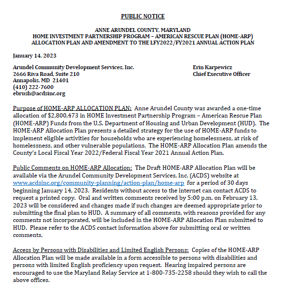 A public notice document about Anne Arundel County, Maryland’s HOME-ARP Allocation Plan, providing $2.8 million for homelessness assistance, with contact info, access instructions, and accommodations for persons with disabilities.
