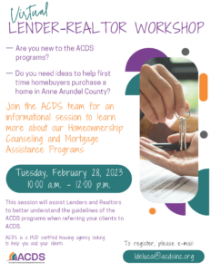 Informational flyer for a virtual Lender-Realtor Workshop about ACDS’s Homeownership Counseling and Mortgage Assistance Programs, listing event details, contact info, and featuring a photo of hands using a laptop on a desk.
