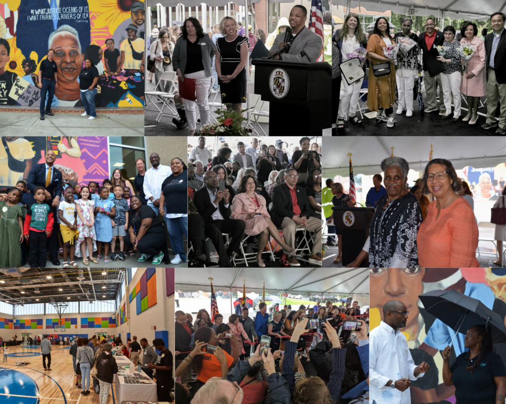 A collage shows a mural unveiling, speeches, smiling groups, children playing basketball in a gym, people applauding under a tent, and honorees posing together at a community celebration event.