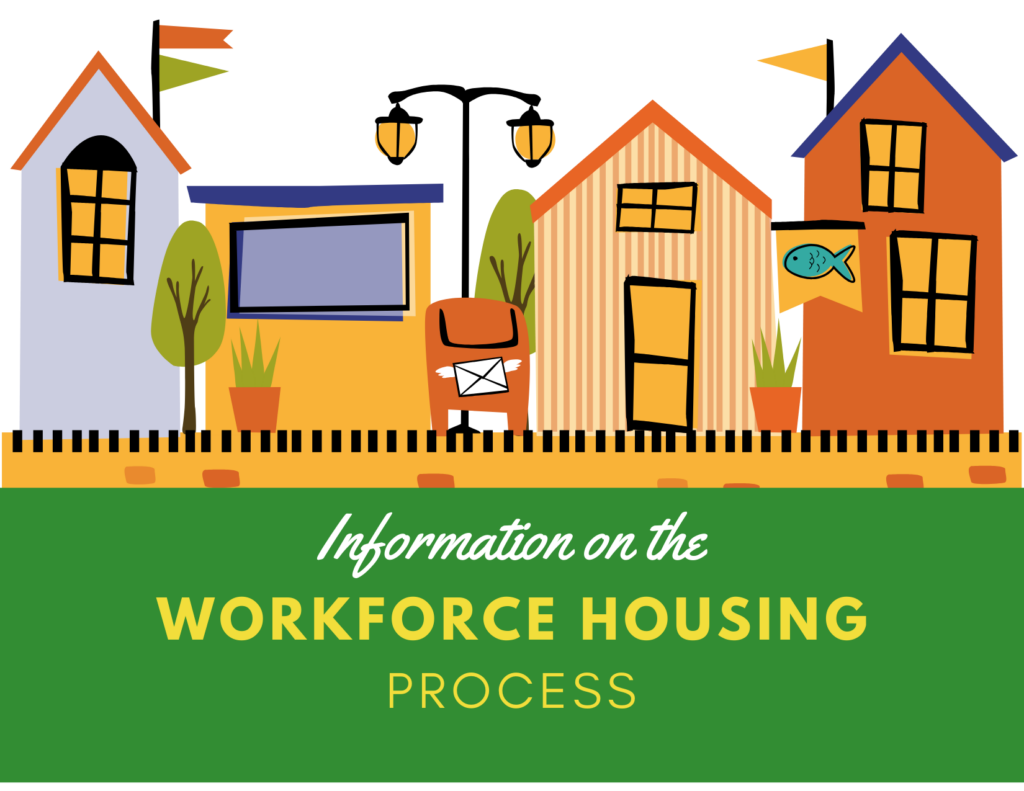 Illustration of colorful houses and plants with a mailbox and streetlamp, above a green banner that reads: "Information on the Workforce Housing Process.