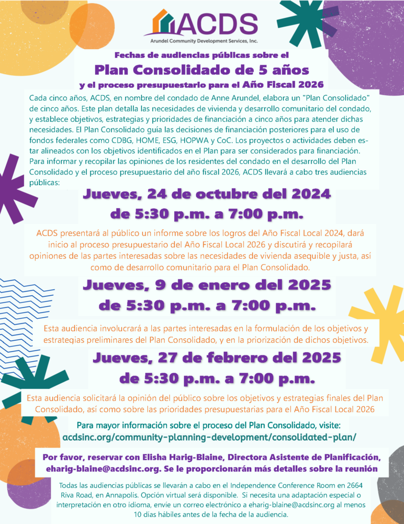 Colorful flyer in Spanish and English for ACDS announcing public hearings for the Five-Year Consolidated Plan and FY2026 budget, with dates, times, program descriptions, and contact information on a yellow and turquoise background.