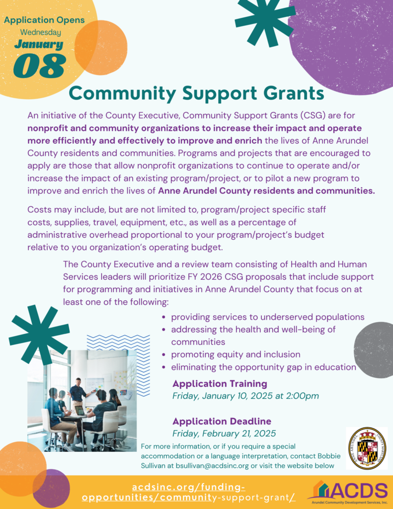 A flyer for Community Support Grants in Anne Arundel County, detailing grant eligibility, focus areas like health, inclusion, and innovation, application info, and a deadline of February 21, 2022, with contact details at the bottom.