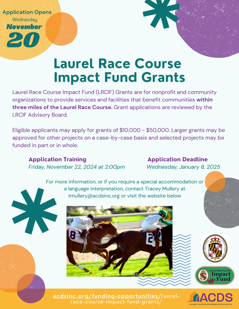 Flyer for Laurel Race Course Impact Fund Grants with a jockey riding a horse, details about application training on Nov 22, 2024, and deadline on Jan 8, 2025. Includes logos and contact information for more details.