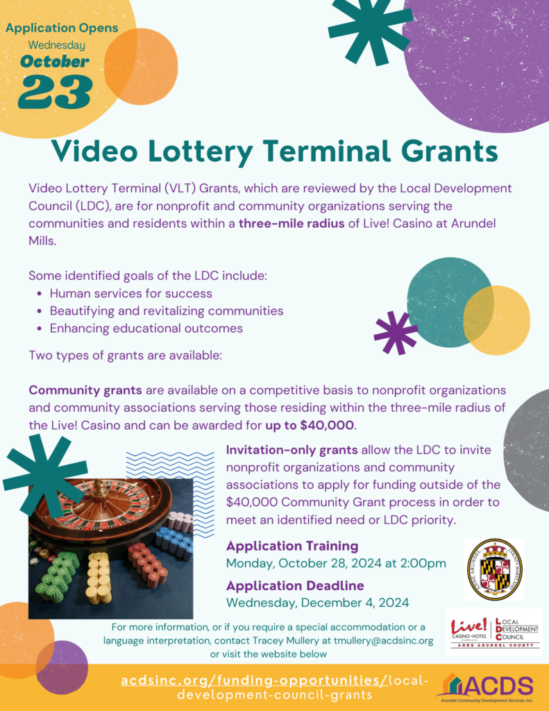 Flyer for Video Lottery Terminal Grants from the Local Development Council, highlighting community grant opportunities within a 3-mile radius of Live! Casino, with key dates, eligibility, and contact info.