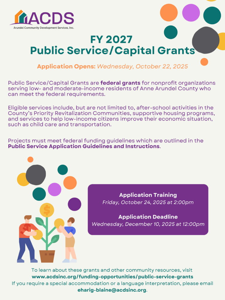 A flyer for ACDS FY 2027 Public Service/Capital Grants with details about eligibility, application training on October 24, 2025, application deadline on December 10, 2025, and contact info at the bottom for more information.