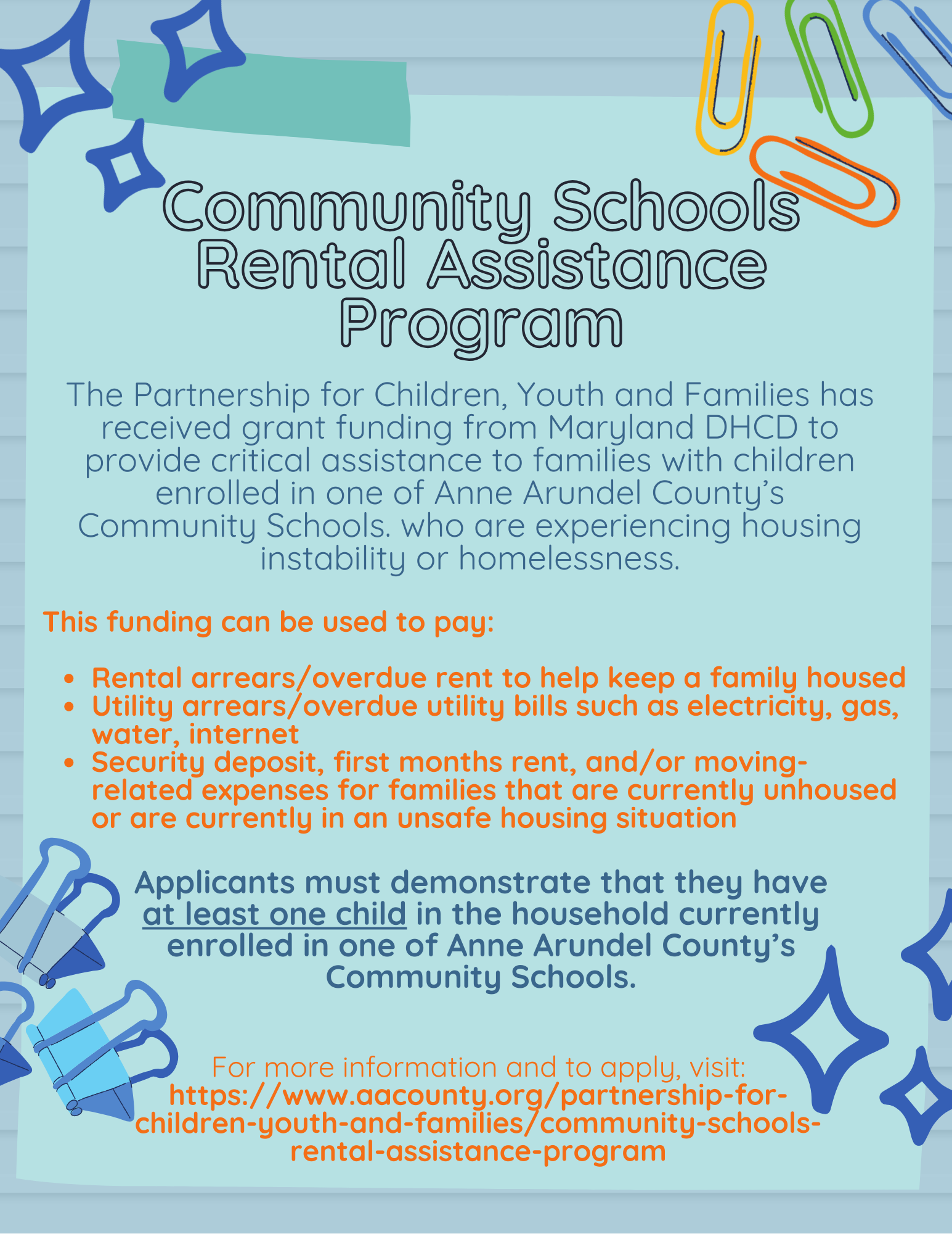 A colorful flyer with paperclip graphics advertises the Community Schools Rental Assistance Program, listing eligible expenses (rent, utility bills, security deposit, moving costs) and providing a website link for more information.