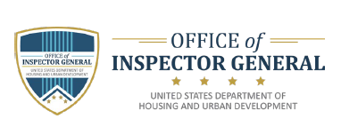 Logo of the Office of Inspector General, United States Department of Housing and Urban Development, featuring a blue and gold shield and text with four gold stars underneath.