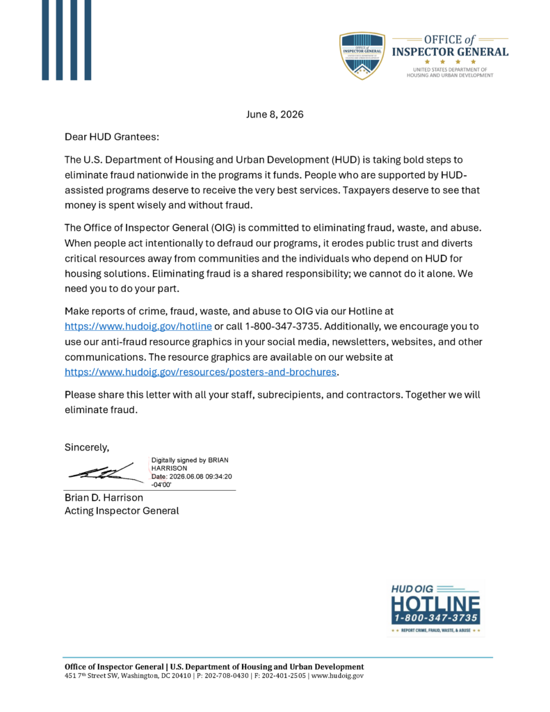 A letter from the U.S. Department of Housing and Urban Development, Office of Inspector General, about fighting fraud, with contact info for reporting fraud and a blue OIG hotline graphic at the bottom.