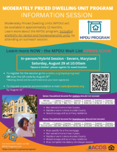 Flyer for an info session on Moderately Priced Dwelling Units (MPDU), with session details, eligibility table, and a diverse family photo. Waitlist opens soon. Hosted by ACDS in Severn, Maryland, on Aug 29 at 10am.