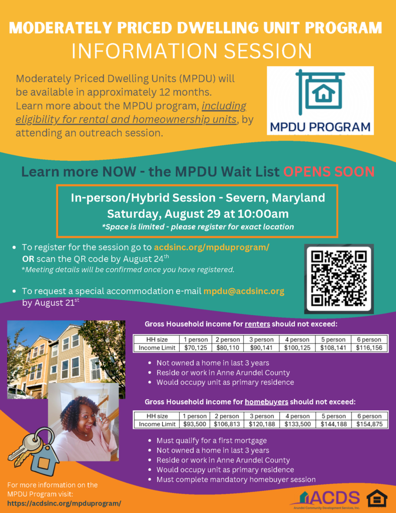 Flyer for an info session on Moderately Priced Dwelling Units (MPDU), with session details, eligibility table, and a diverse family photo. Waitlist opens soon. Hosted by ACDS in Severn, Maryland, on Aug 29 at 10am.